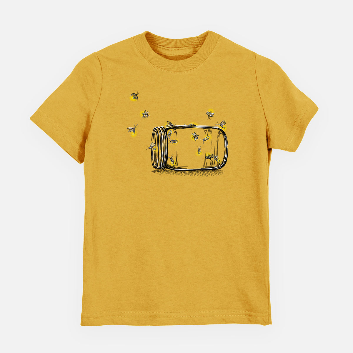 Honeycomb yellow youth t-shirt laid flat, printed with a mason jar with glowing yellow fireflies flying out of it.