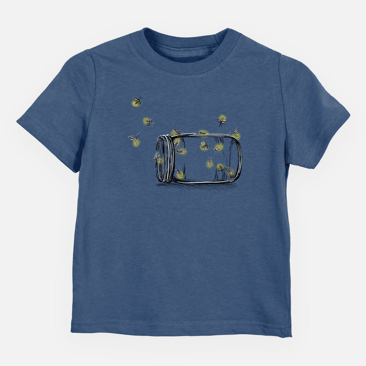 Indigo blue toddler t-shirt laid flat, printed with a mason jar with glowing yellow fireflies flying out of it.
