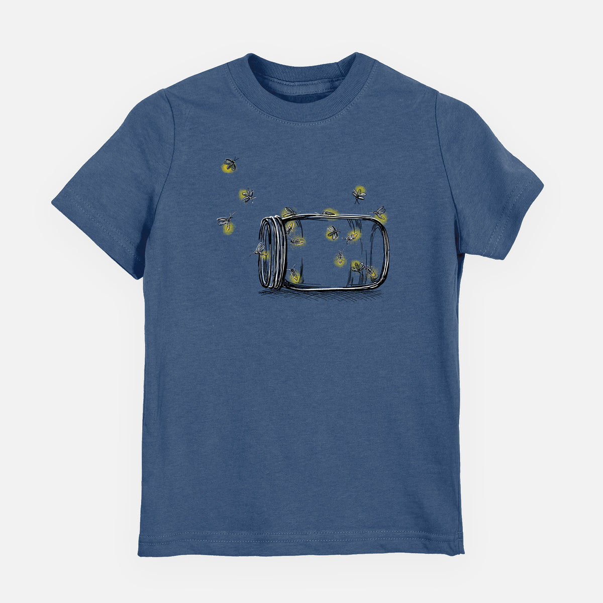 Indigo blue youth t-shirt laid flat, printed with a mason jar with glowing yellow fireflies flying out of it.