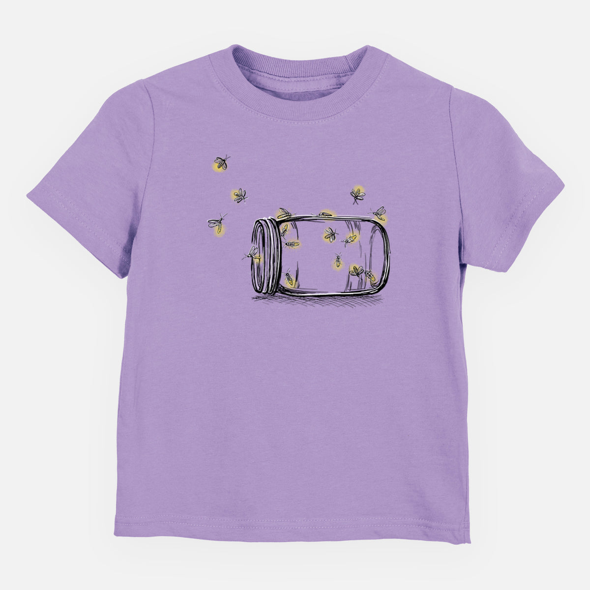 Lavender toddler t-shirt laid flat, printed with a mason jar with glowing yellow fireflies flying out of it.