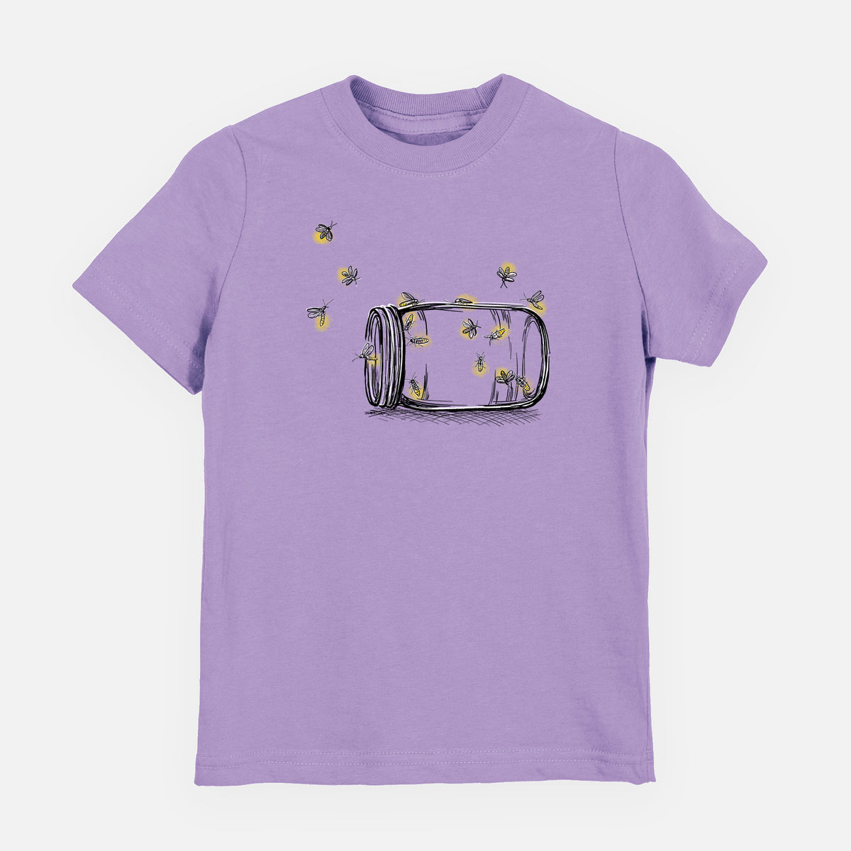 Lavender youth t-shirt laid flat, printed with a mason jar with glowing yellow fireflies flying out of it.