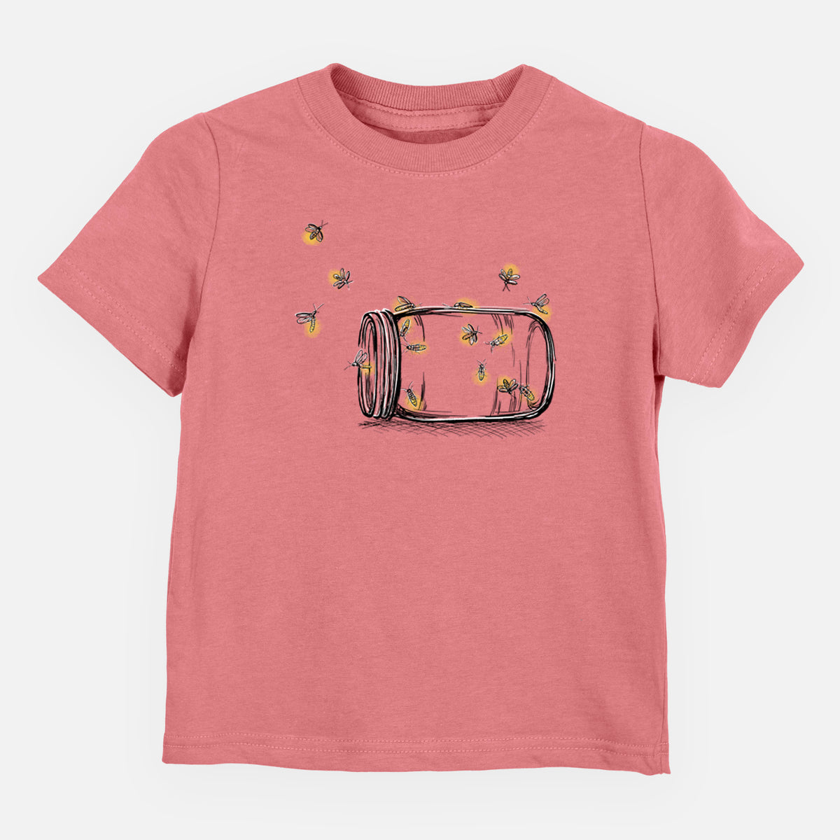 Mauve pink toddler t-shirt laid flat, printed with a mason jar with glowing yellow fireflies flying out of it.
