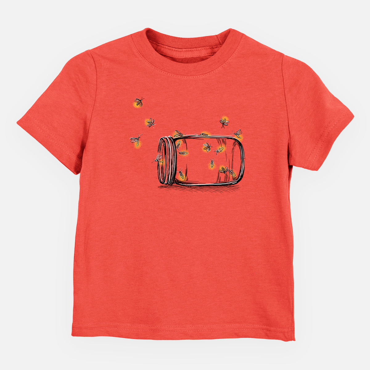 Passionfruit pink toddler t-shirt laid flat, printed with a mason jar with glowing yellow fireflies flying out of it.