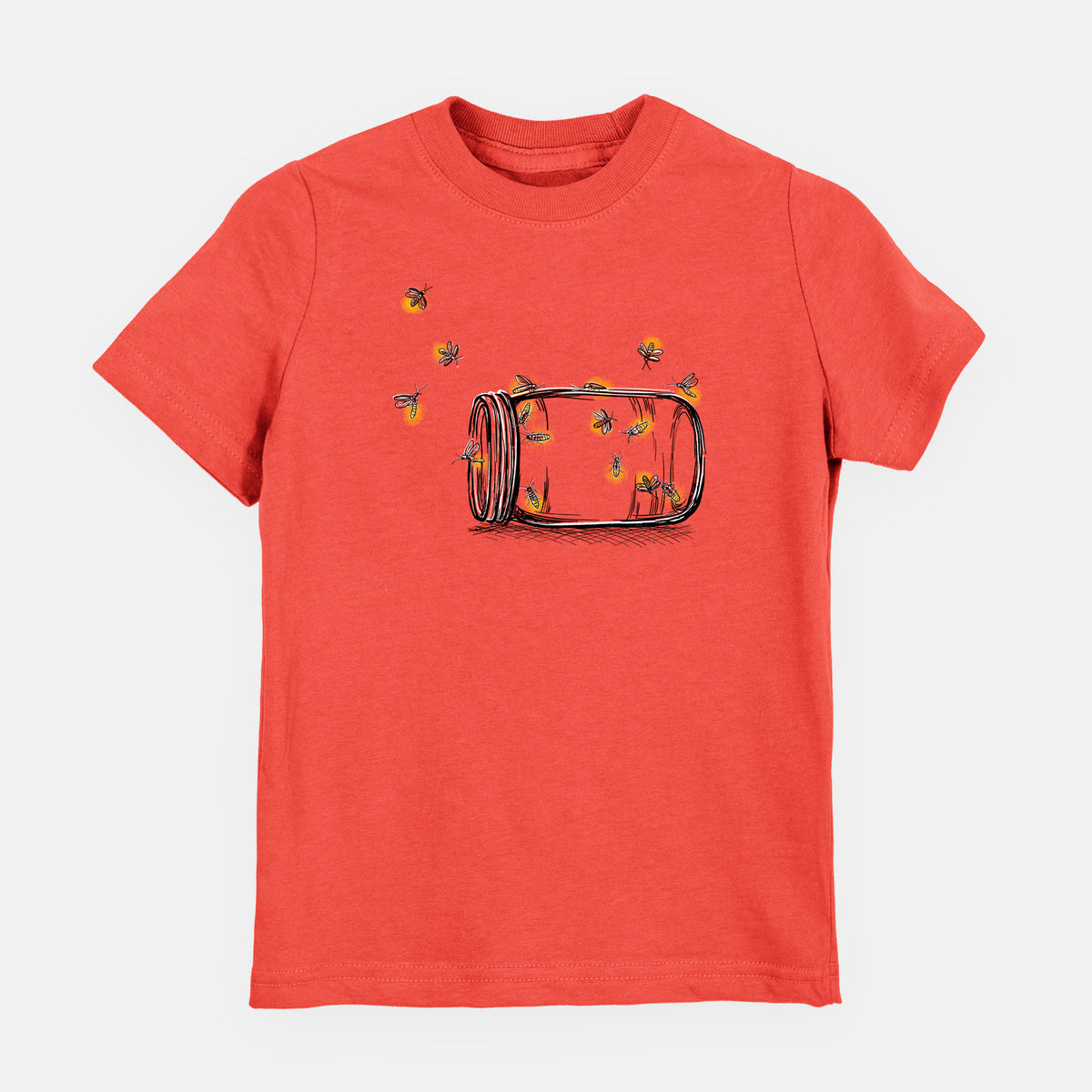 Passionfruit pink youth t-shirt laid flat, printed with a mason jar with glowing yellow fireflies flying out of it.