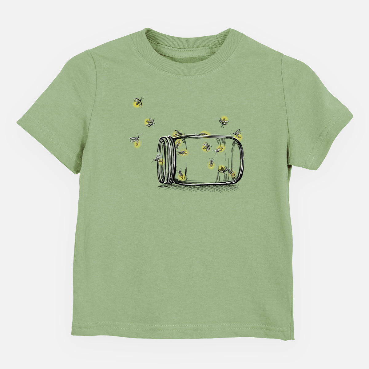Sage green toddler t-shirt laid flat, printed with a mason jar with glowing yellow fireflies flying out of it.