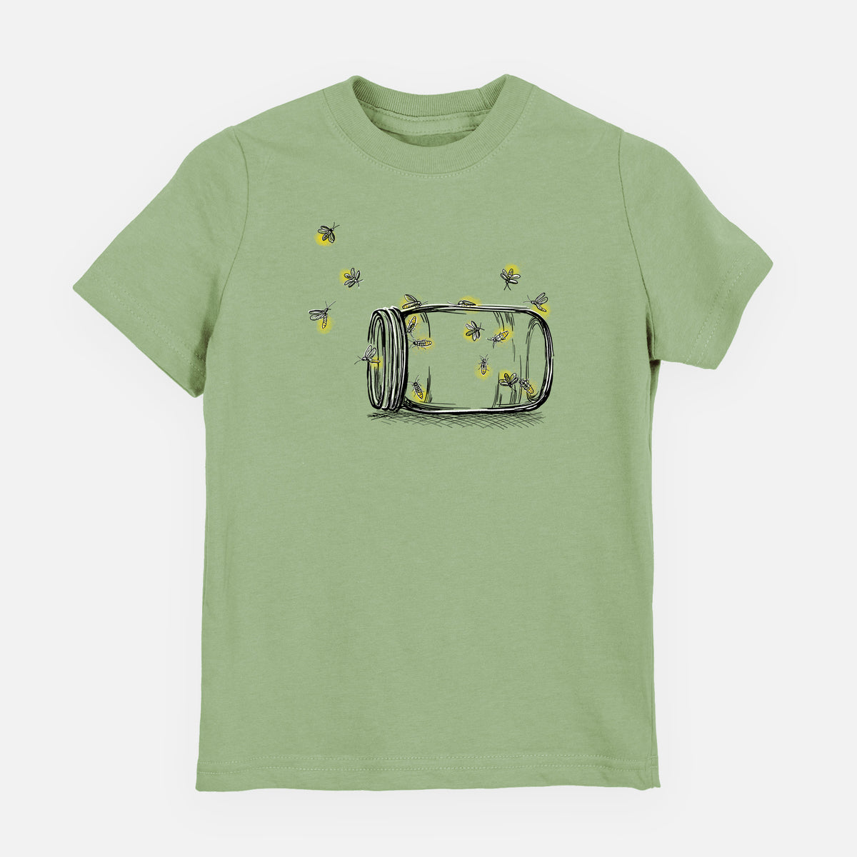 Sage green youth t-shirt laid flat, printed with a mason jar with glowing yellow fireflies flying out of it.