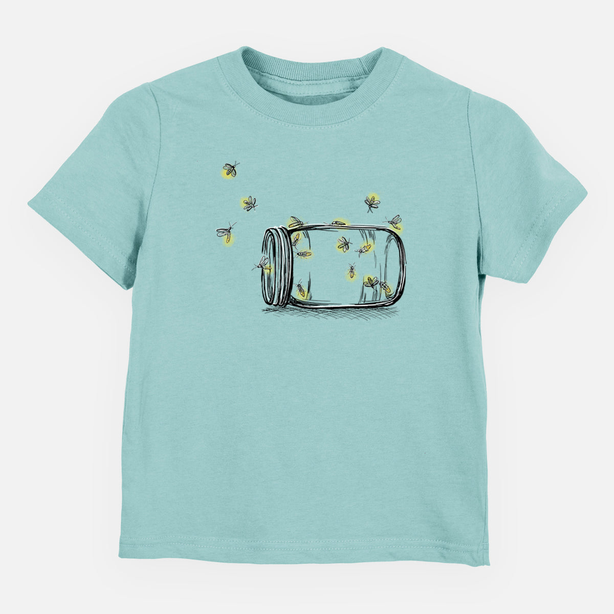 Saltwater toddler t-shirt laid flat, printed with a mason jar with glowing yellow fireflies flying out of it.