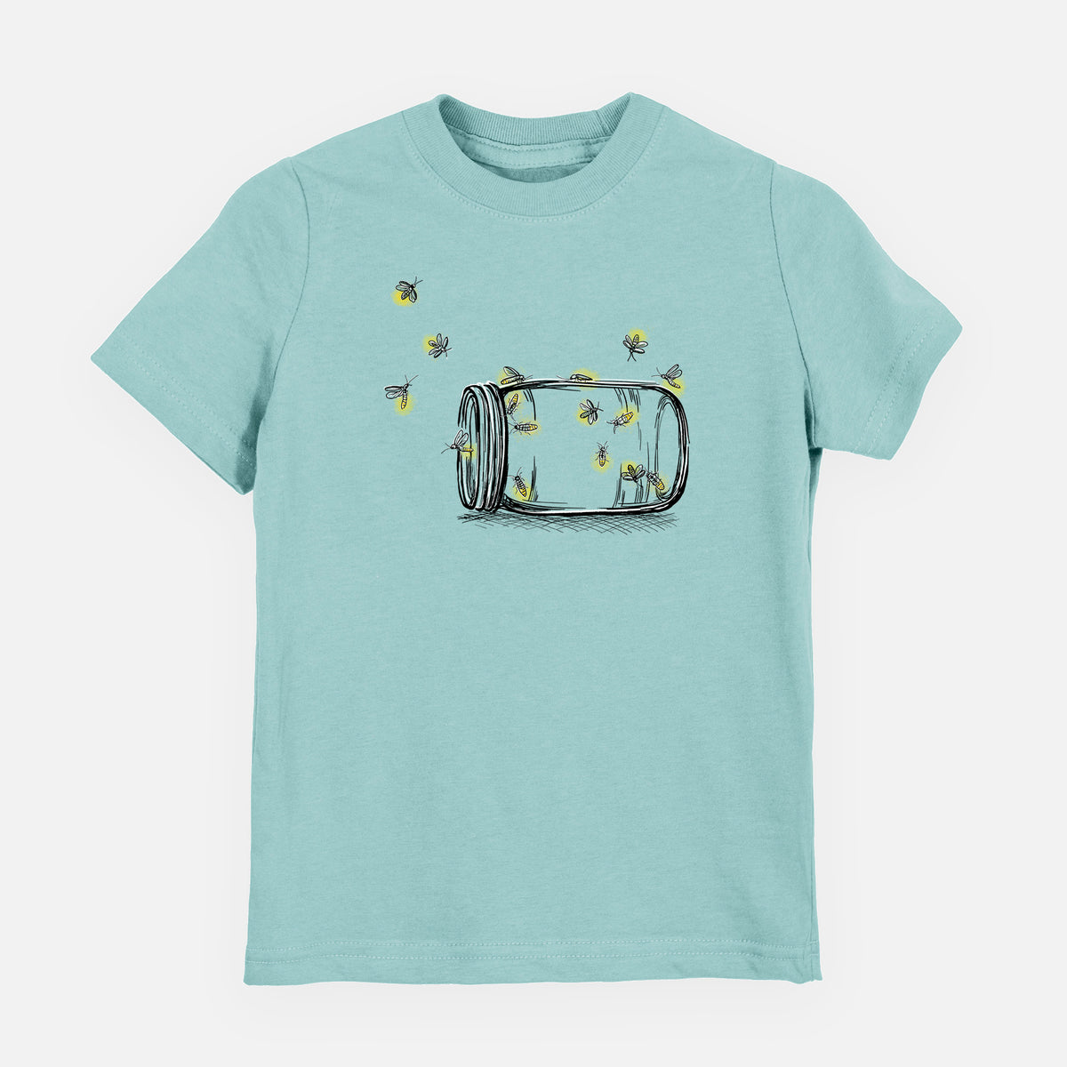Saltwater youth t-shirt laid flat, printed with a mason jar with glowing yellow fireflies flying out of it.