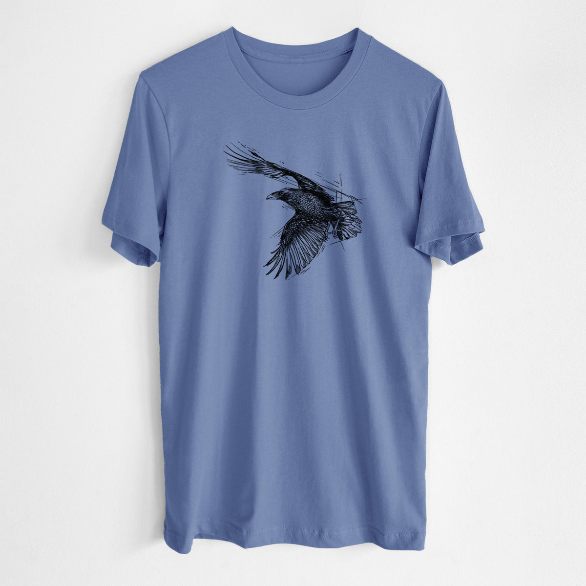 Blue bell lightweight cotton t-shirt laid flat, printed with a black ink illustration of a raven in flight with its wings spread.