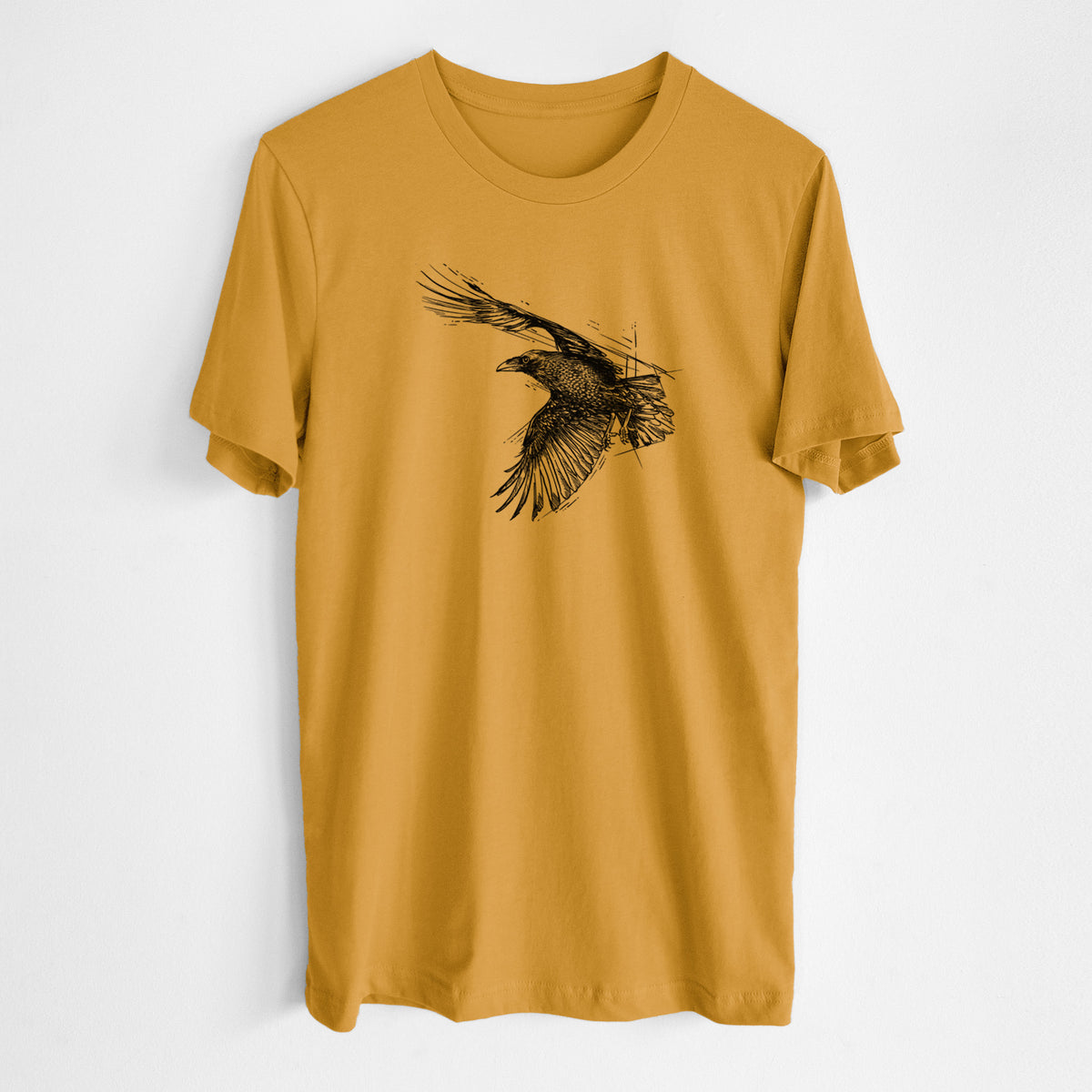 Honeycomb yellow lightweight cotton t-shirt laid flat, printed with a black ink illustration of a raven in flight with its wings spread.