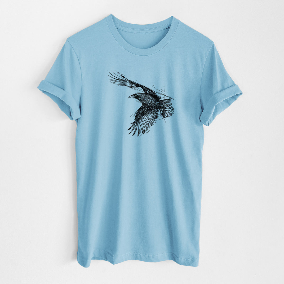 Ocean blue lightweight cotton t-shirt laid flat, printed with a black ink illustration of a raven in flight with its wings spread.