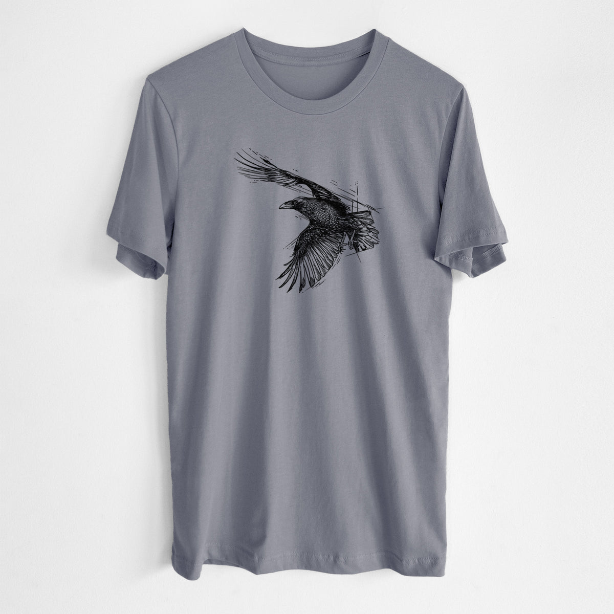Storm grey lightweight cotton t-shirt laid flat, printed with a black ink illustration of a raven in flight with its wings spread.