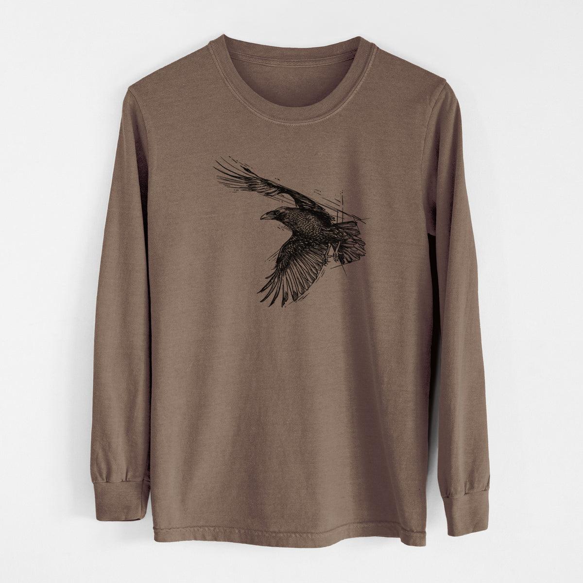 Espresso brown Comfort Colors long sleeve shirt laid flat, printed with a black ink illustration of a raven in flight with its wings spread.