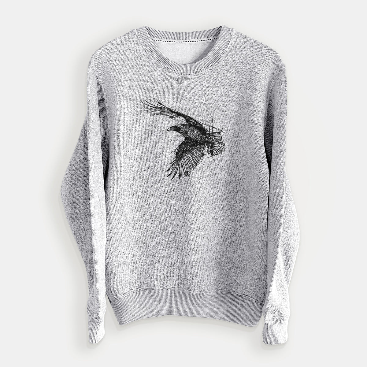 Salt and pepper knit sweatshirt laid flat, printed with a black ink illustration of a raven in flight with its wings spread.