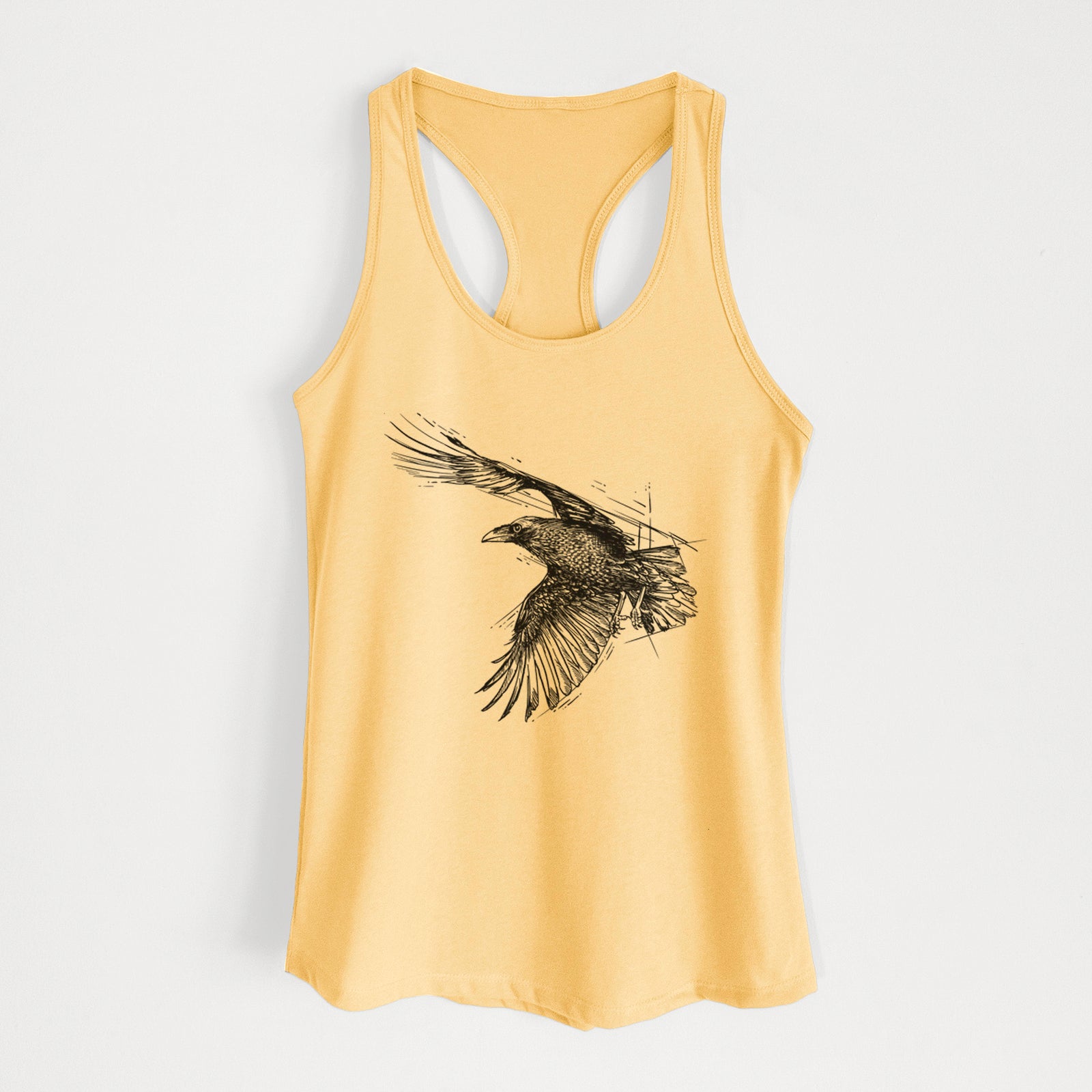 Banana cream women's racerback tank top laid flat, printed with a black ink illustration of a raven in flight with its wings spread.