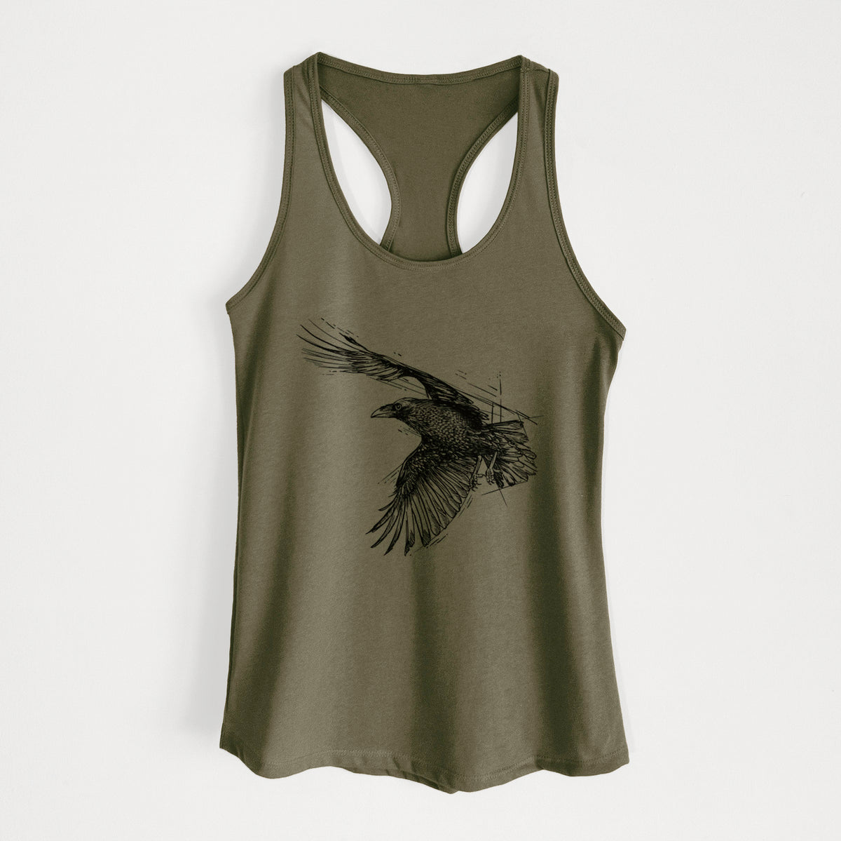 Military green women's racerback tank top laid flat, printed with a black ink illustration of a raven in flight with its wings spread.