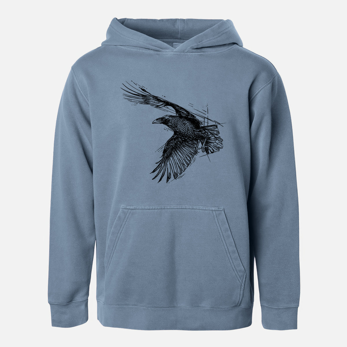 Slate blue youth pigment dyed hoodie laid flat, printed with a black ink illustration of a raven in flight with its wings spread.