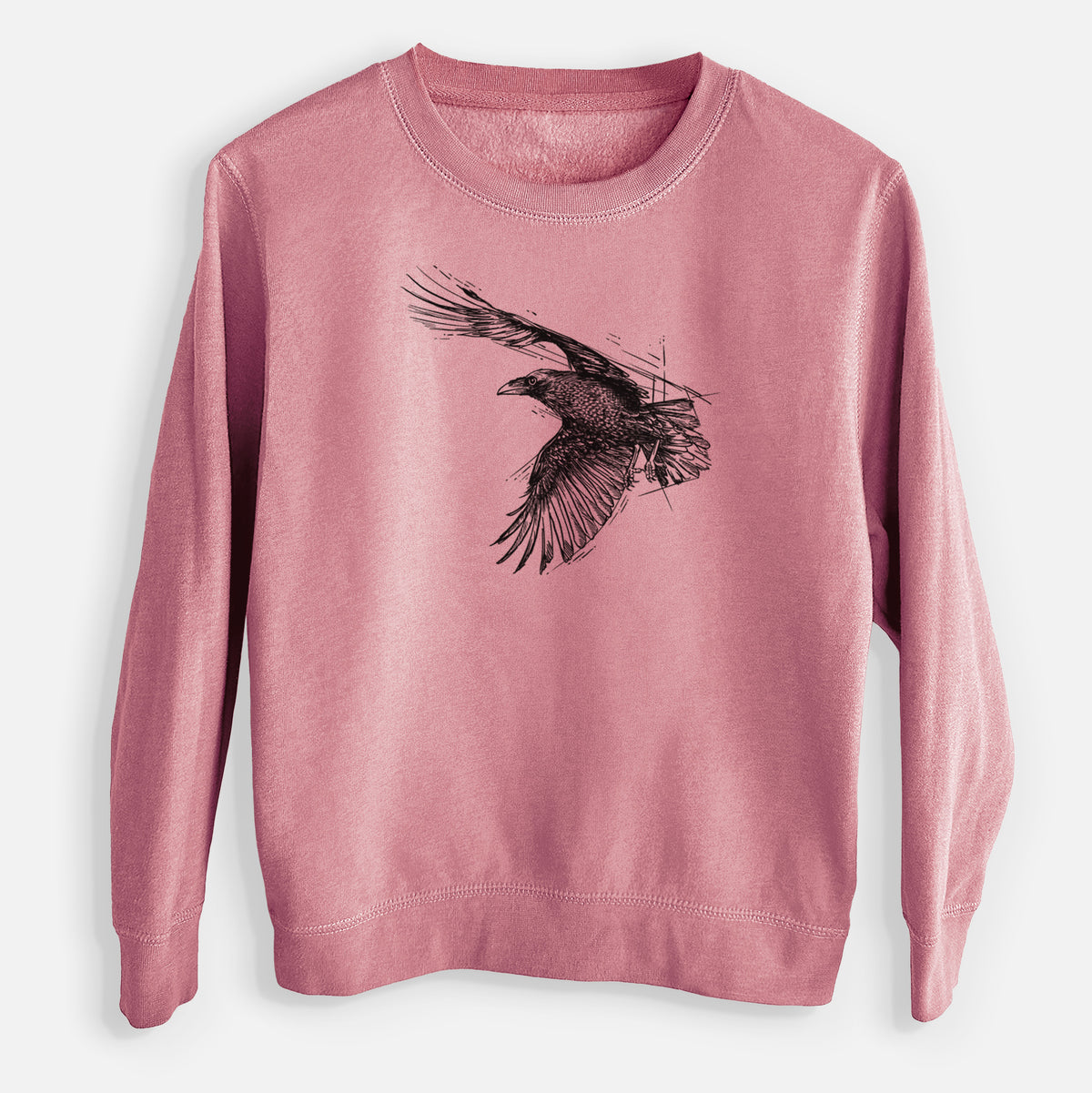 Mauve pink youth crewneck sweatshirt laid flat, printed with a black ink illustration of a raven in flight with its wings spread.