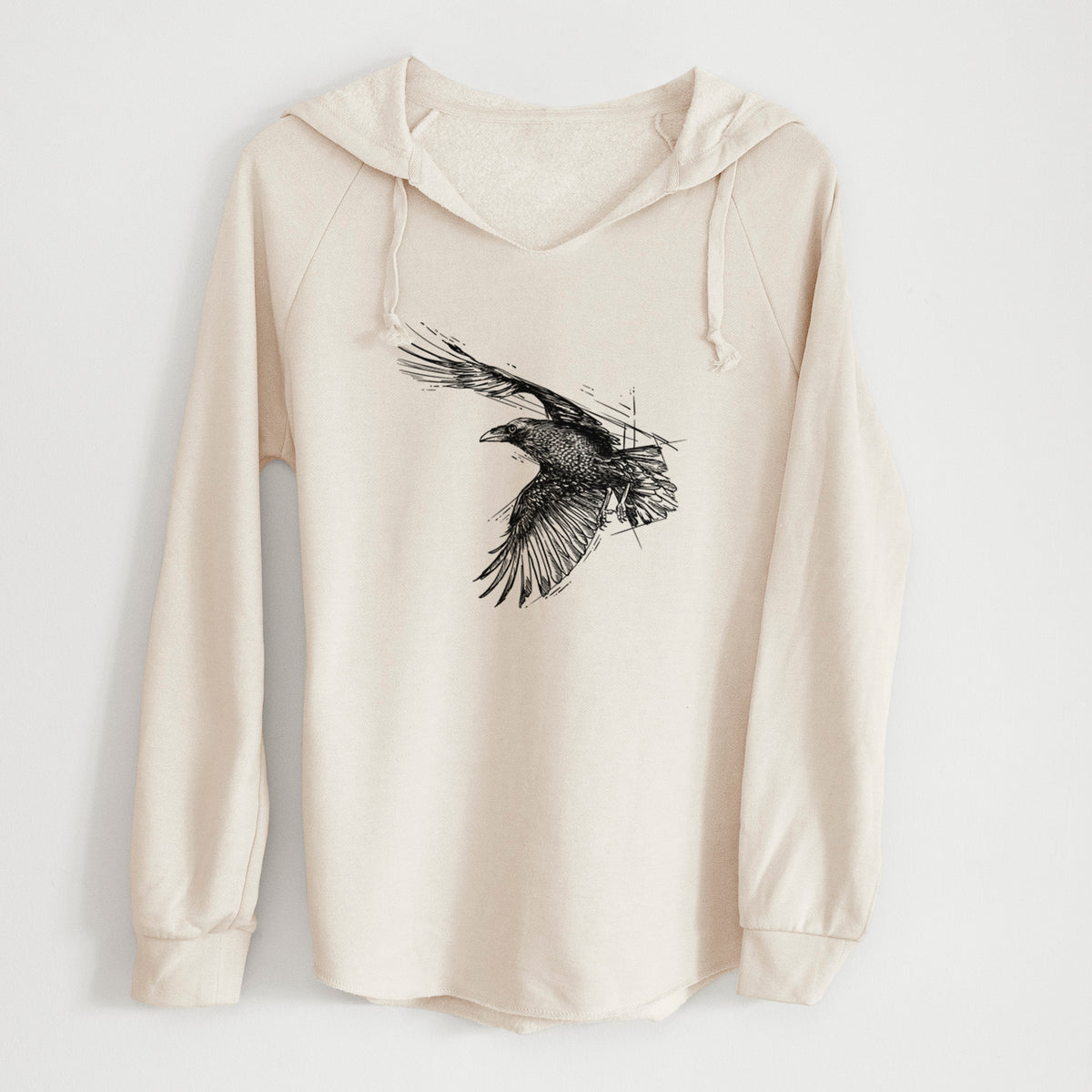 Bone cream women's Cali Wave hooded sweatshirt laid flat, printed with a black ink illustration of a raven in flight with its wings spread.