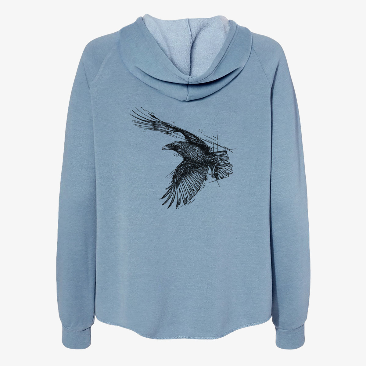 Misty blue women's Cali Wave zip-up sweatshirt laid flat, printed with a black ink illustration of a raven in flight with its wings spread.