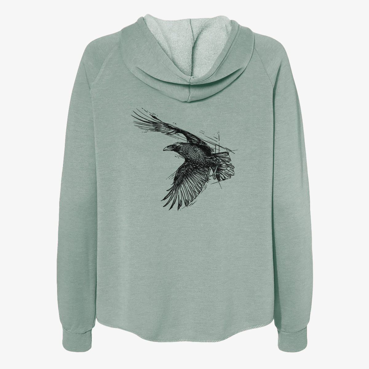 Sage green women's Cali Wave zip-up sweatshirt laid flat, printed with a black ink illustration of a raven in flight with its wings spread.