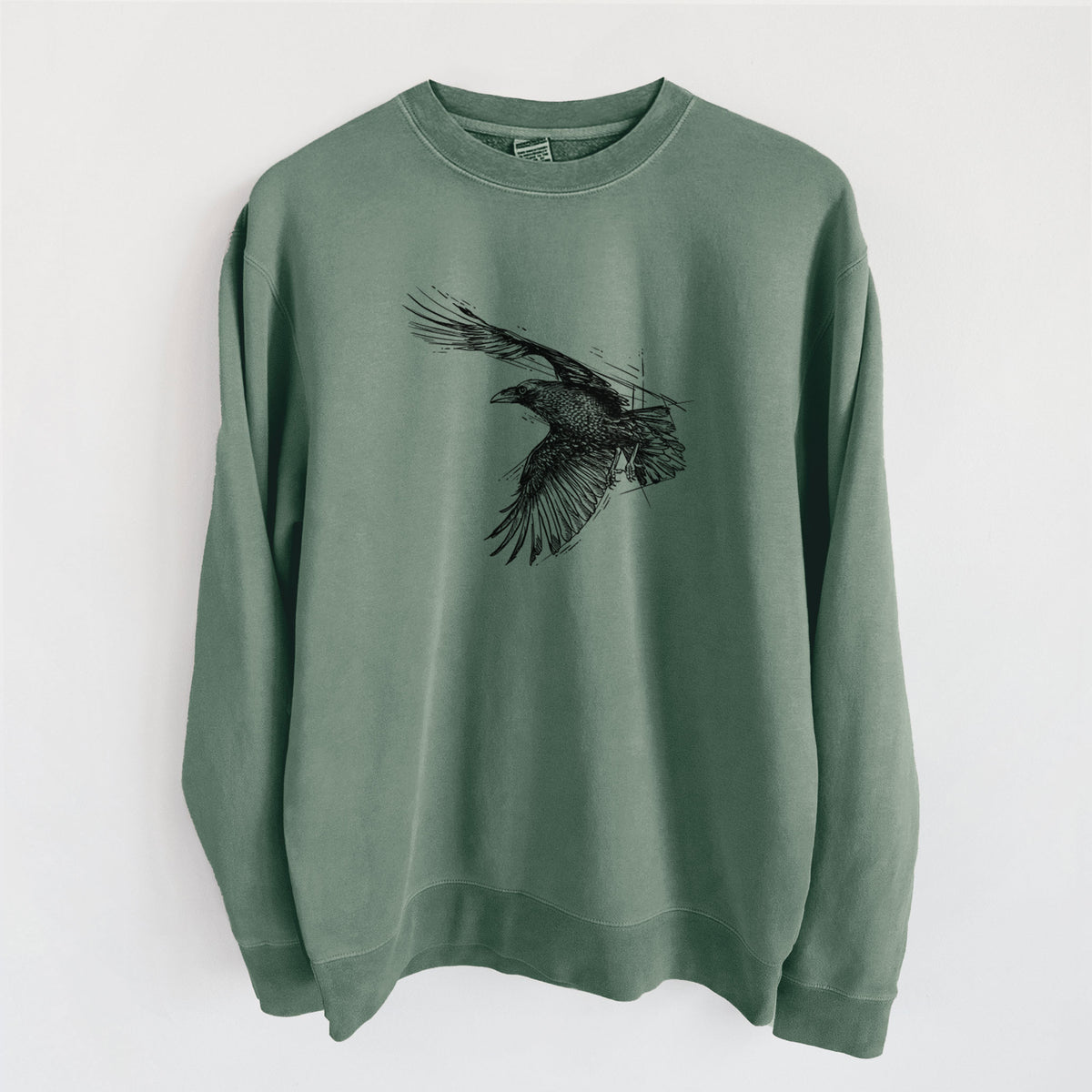 Flying Raven - Corvus corax - Unisex Pigment Dyed Crew Sweatshirt in Alpine Green