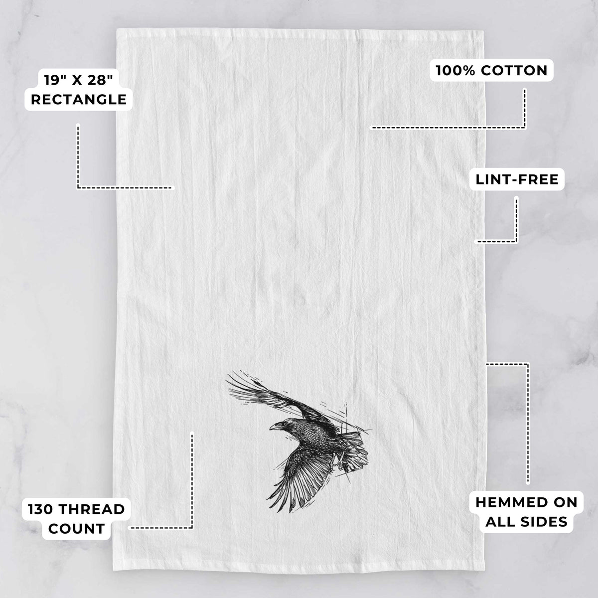 White tea towel printed with a black ink illustration of a raven in flight with its wings spread, with feature labels: 19 by 28 inch rectangle, 100% cotton, lint-free, 130 thread count, hemmed on all sides.
