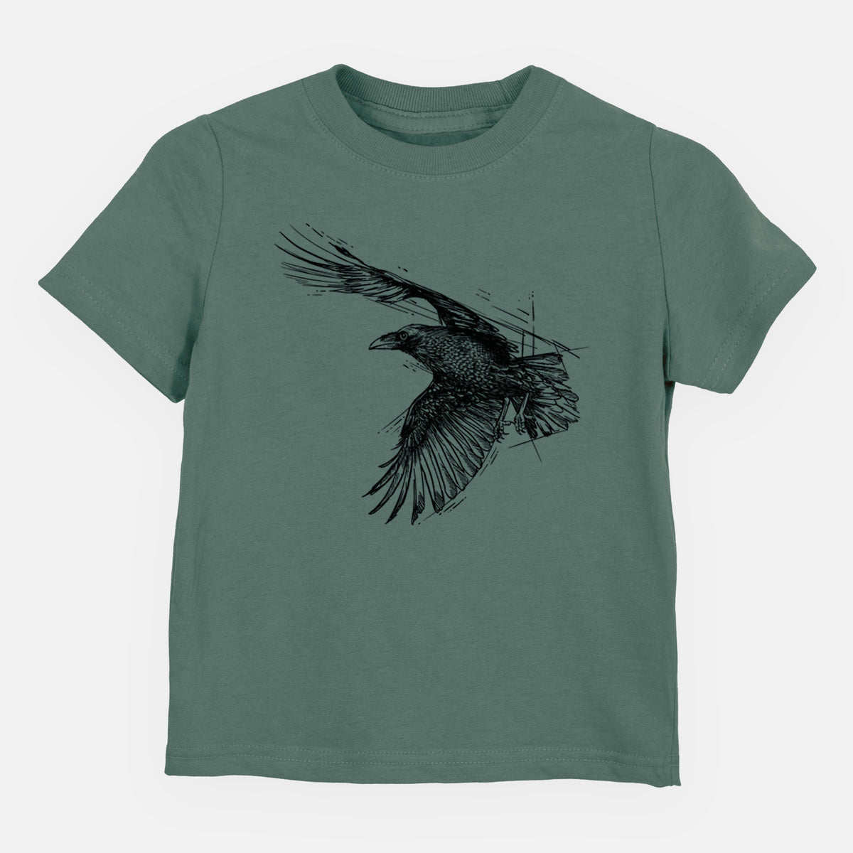 Basil green toddler t-shirt laid flat, printed with a black ink illustration of a raven in flight with its wings spread.