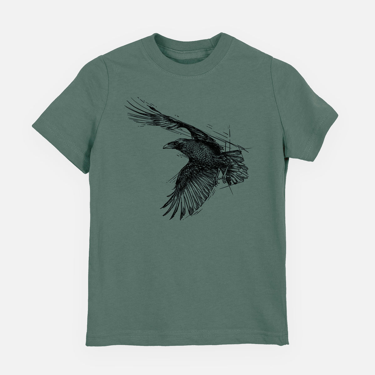Basil green youth t-shirt laid flat, printed with a black ink illustration of a raven in flight with its wings spread.