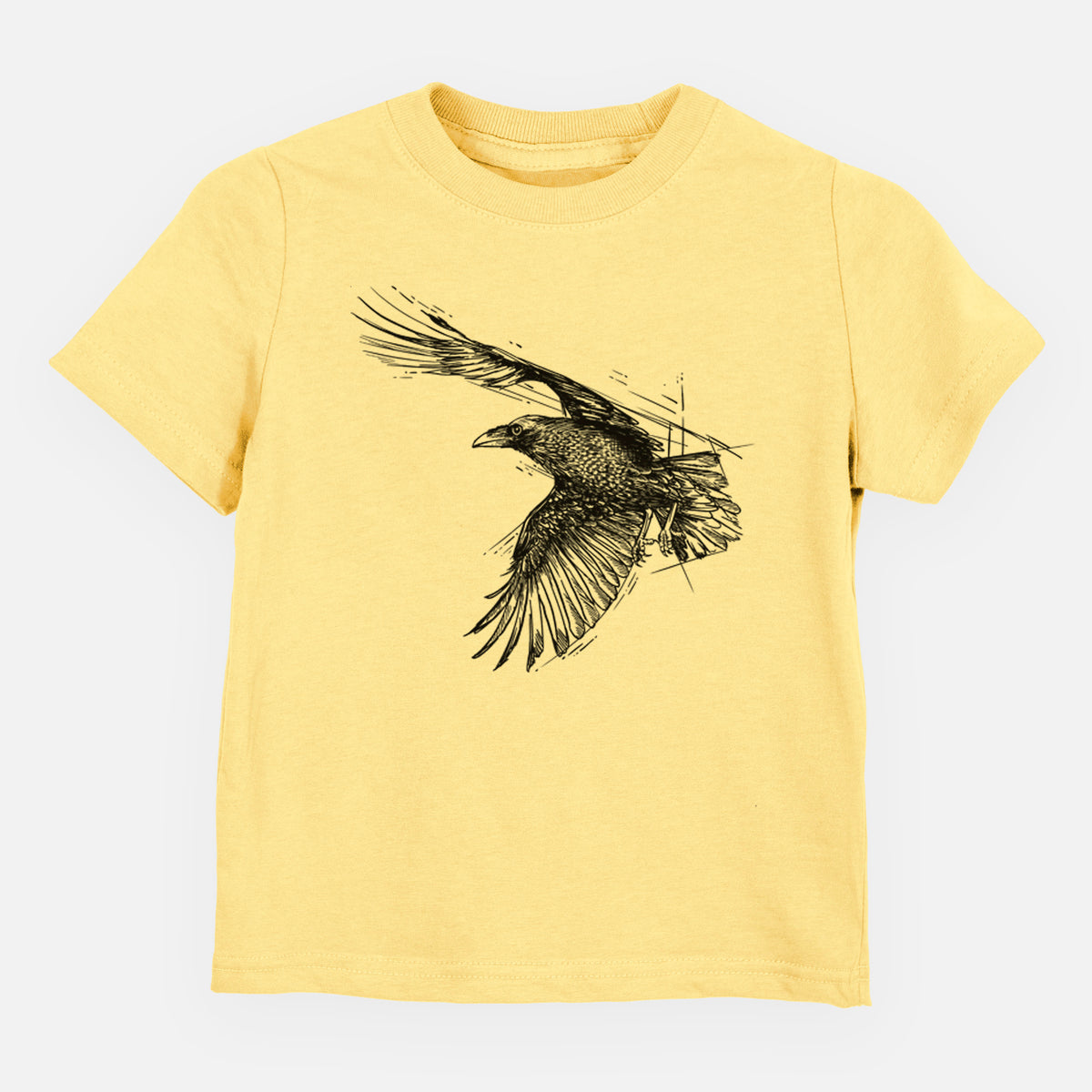 Butter yellow toddler t-shirt laid flat, printed with a black ink illustration of a raven in flight with its wings spread.
