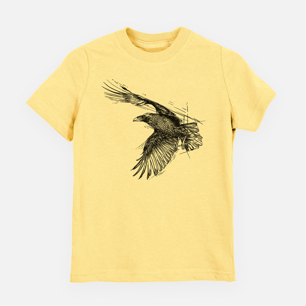 Butter yellow youth t-shirt laid flat, printed with a black ink illustration of a raven in flight with its wings spread.