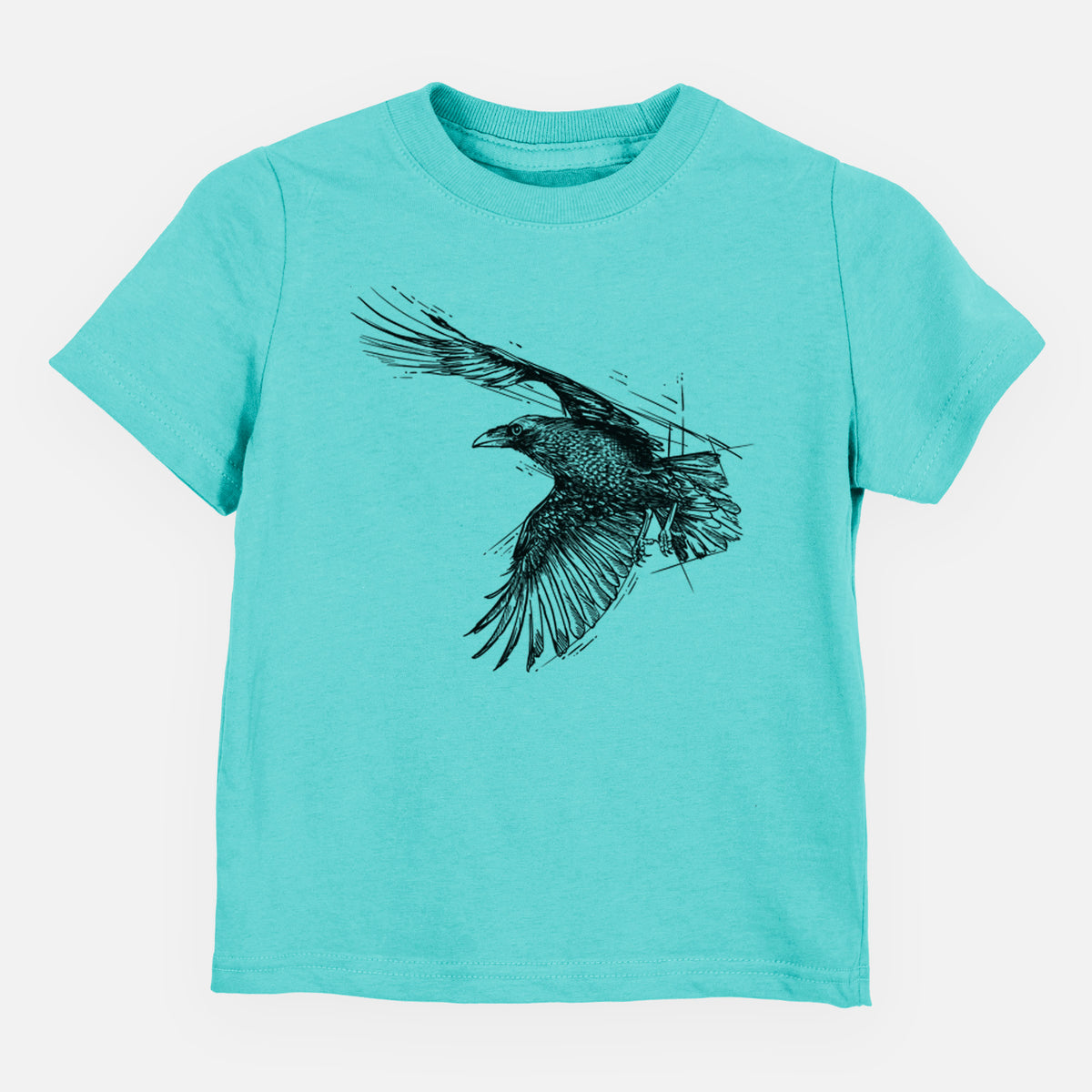 Caribbean blue toddler t-shirt laid flat, printed with a black ink illustration of a raven in flight with its wings spread.