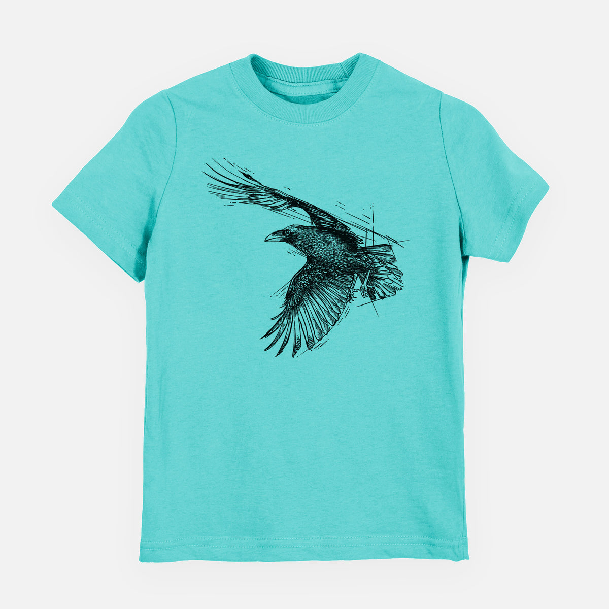 Caribbean blue youth t-shirt laid flat, printed with a black ink illustration of a raven in flight with its wings spread.