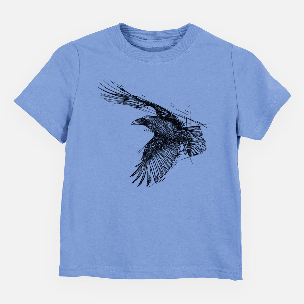 Carolina blue toddler t-shirt laid flat, printed with a black ink illustration of a raven in flight with its wings spread.