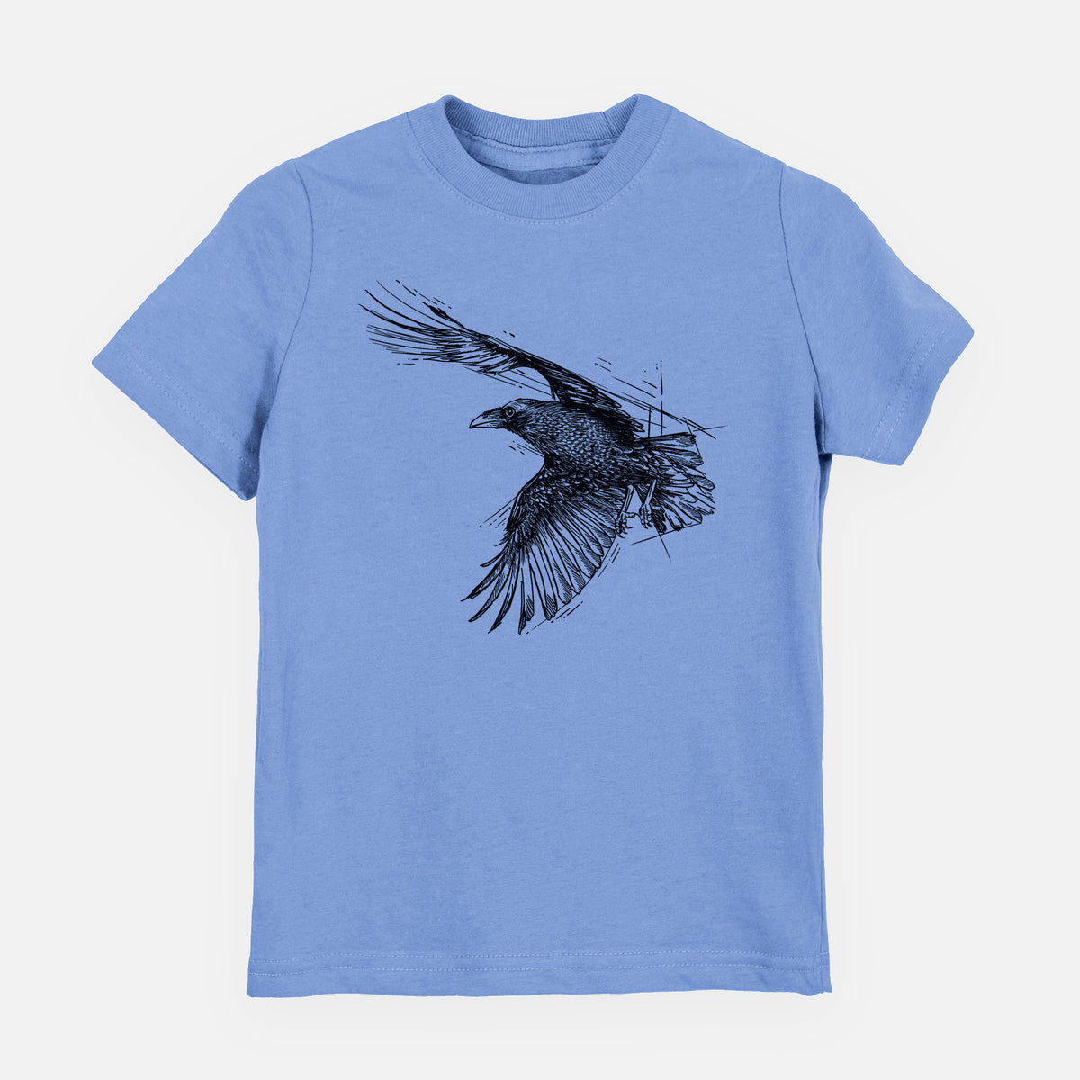 Carolina blue youth t-shirt laid flat, printed with a black ink illustration of a raven in flight with its wings spread.