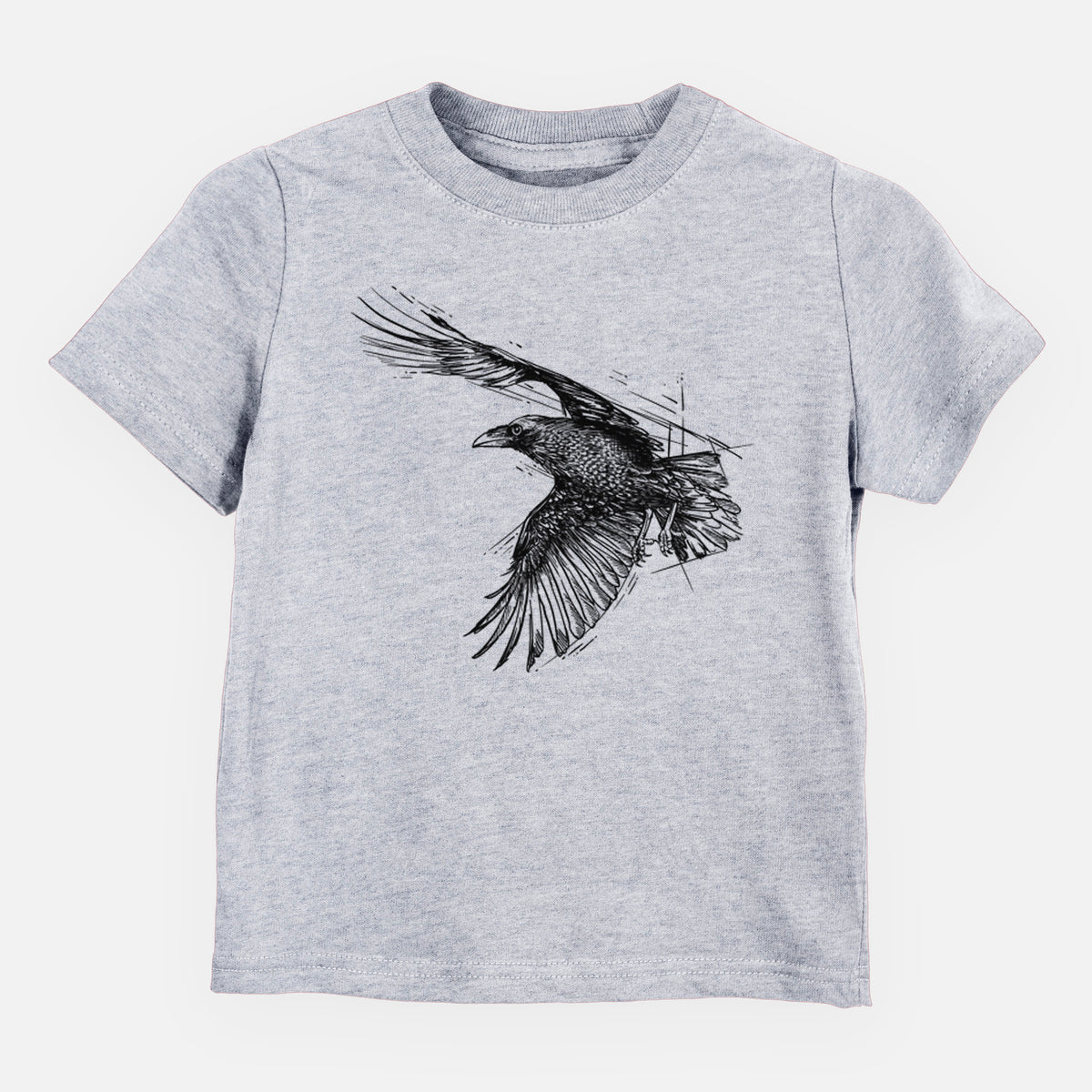 Heather grey toddler t-shirt laid flat, printed with a black ink illustration of a raven in flight with its wings spread.