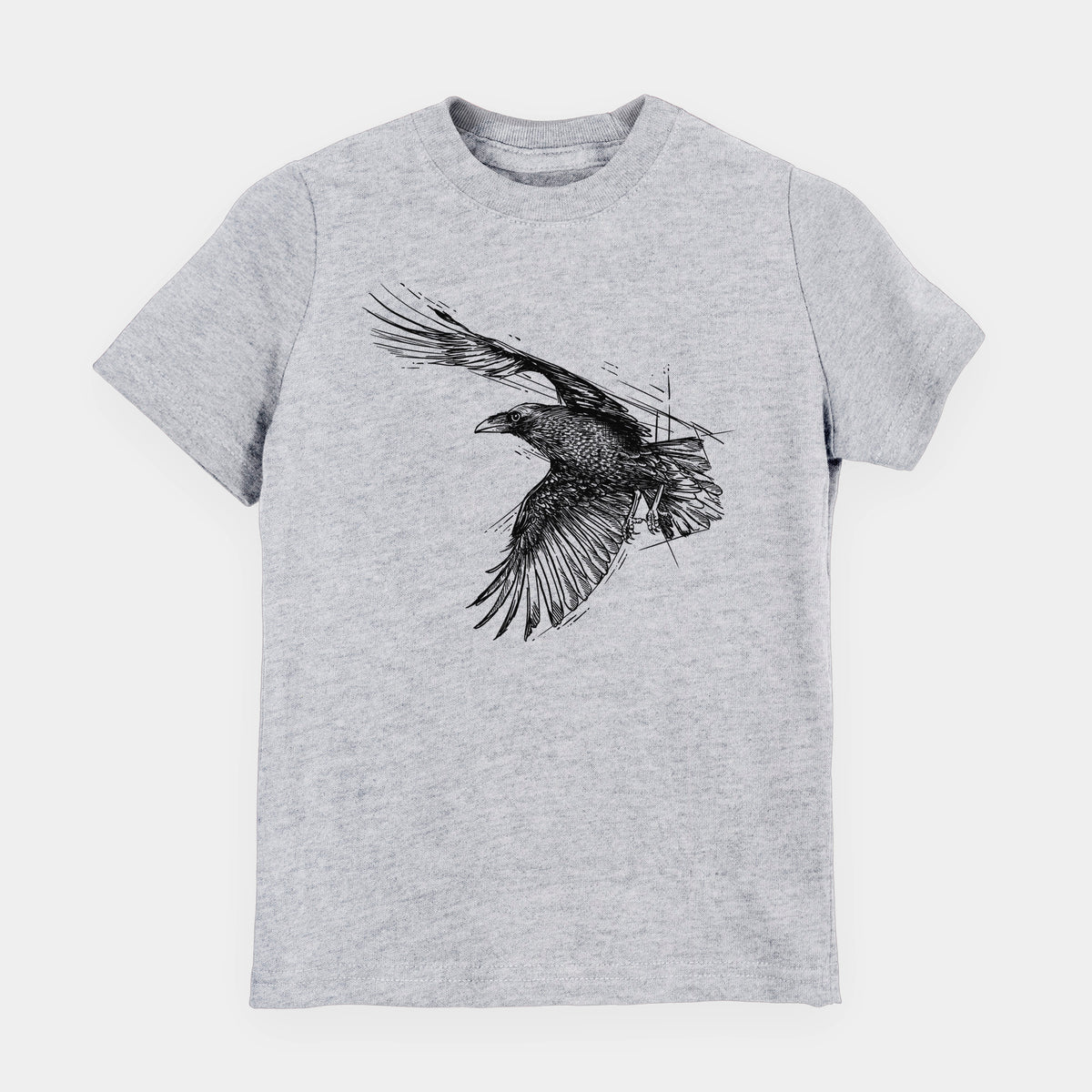 Heather grey youth t-shirt laid flat, printed with a black ink illustration of a raven in flight with its wings spread.