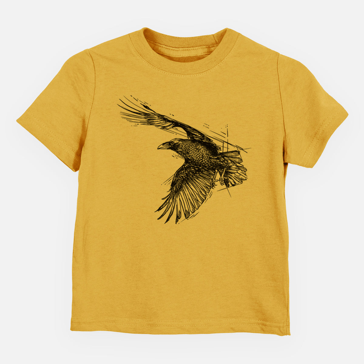 Honeycomb yellow toddler t-shirt laid flat, printed with a black ink illustration of a raven in flight with its wings spread.