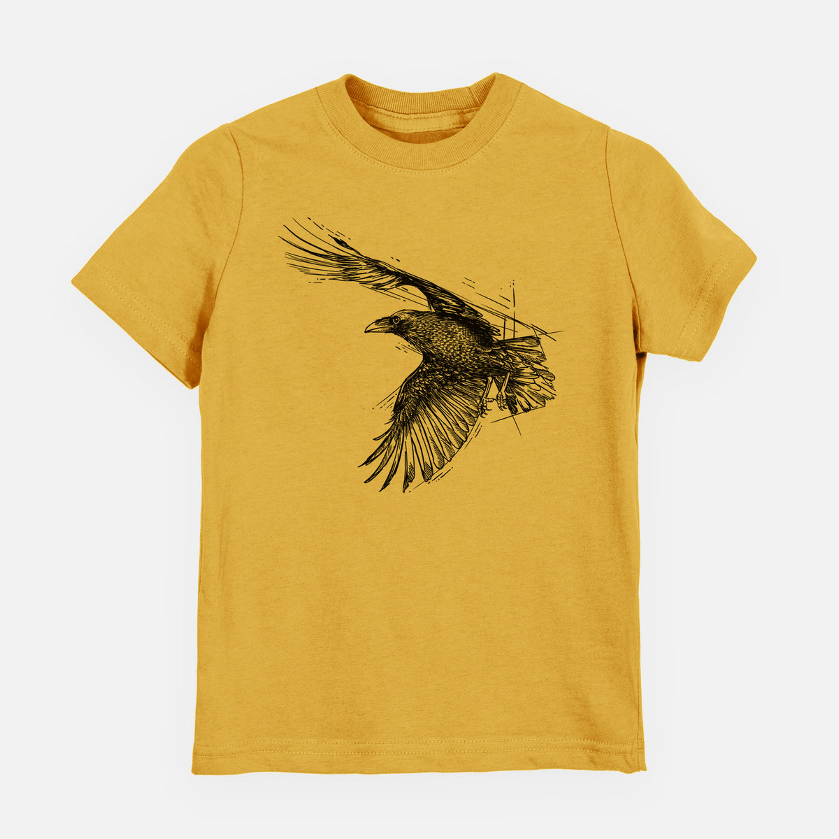 Honeycomb yellow youth t-shirt laid flat, printed with a black ink illustration of a raven in flight with its wings spread.