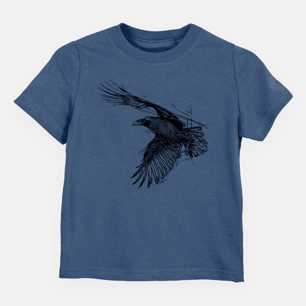 Indigo blue toddler t-shirt laid flat, printed with a black ink illustration of a raven in flight with its wings spread.