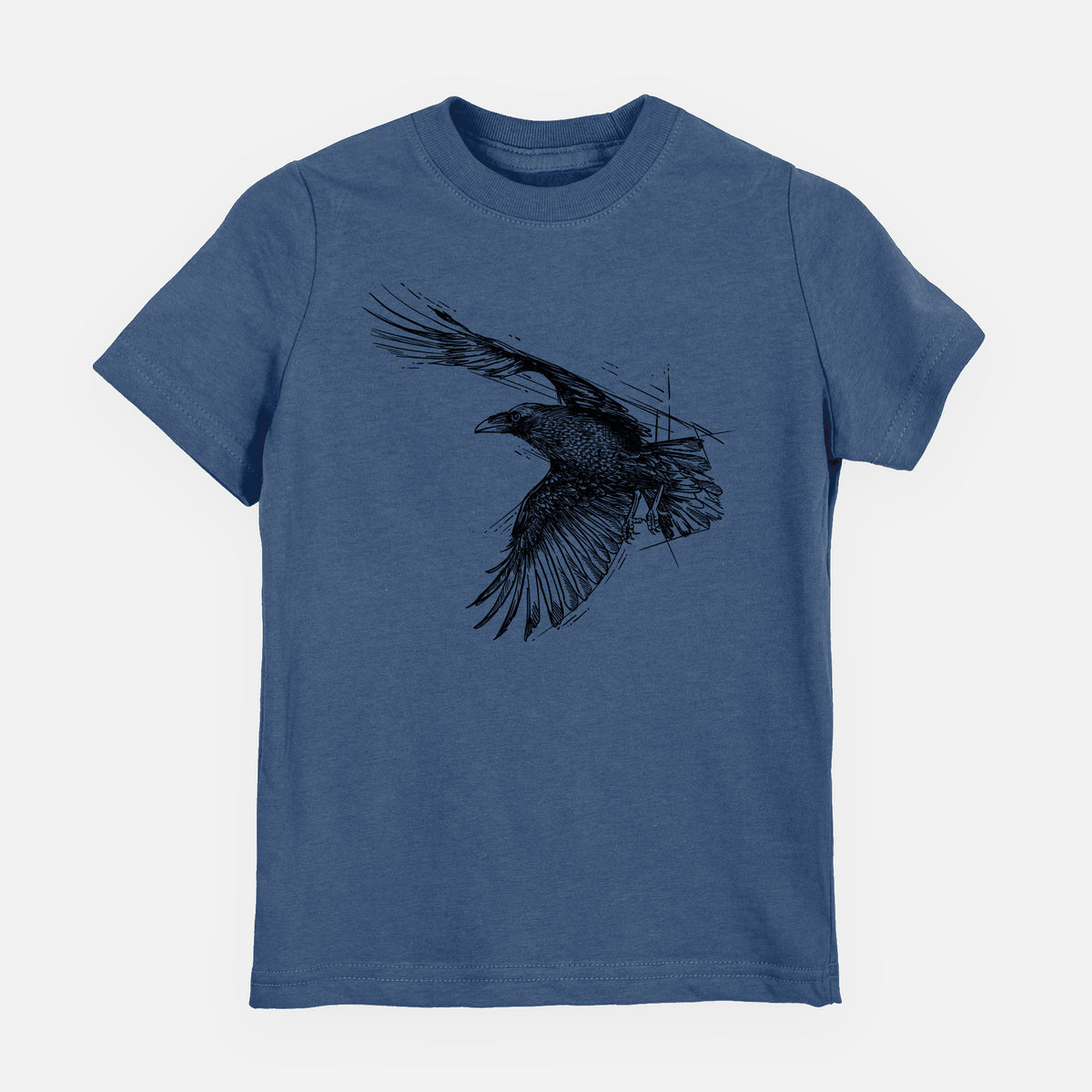 Indigo blue youth t-shirt laid flat, printed with a black ink illustration of a raven in flight with its wings spread.