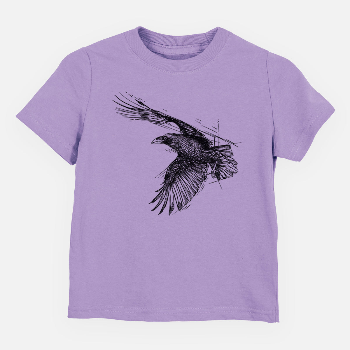 Lavender toddler t-shirt laid flat, printed with a black ink illustration of a raven in flight with its wings spread.