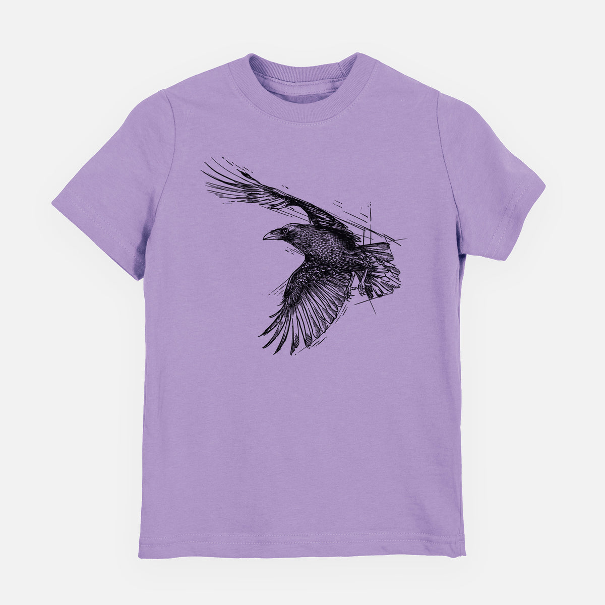 Lavender youth t-shirt laid flat, printed with a black ink illustration of a raven in flight with its wings spread.