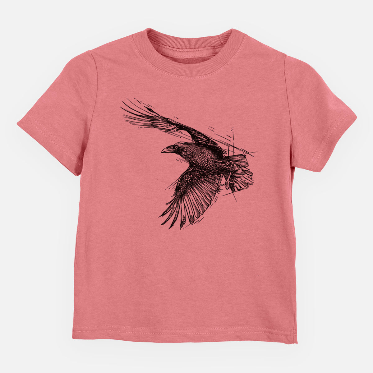 Mauve pink toddler t-shirt laid flat, printed with a black ink illustration of a raven in flight with its wings spread.