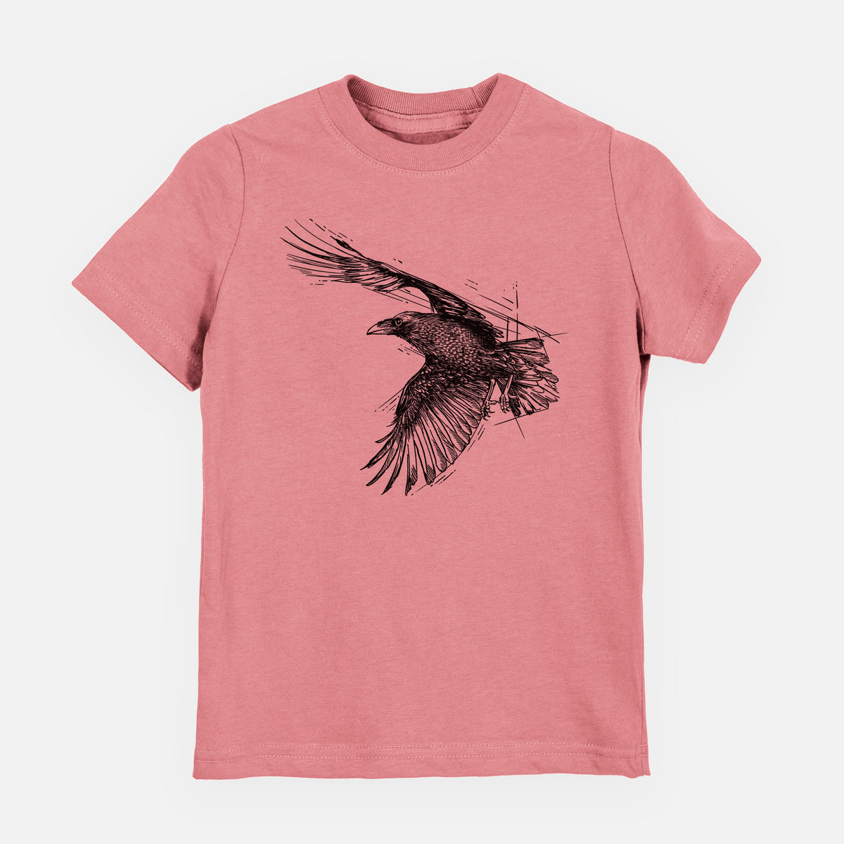 Mauve pink youth t-shirt laid flat, printed with a black ink illustration of a raven in flight with its wings spread.