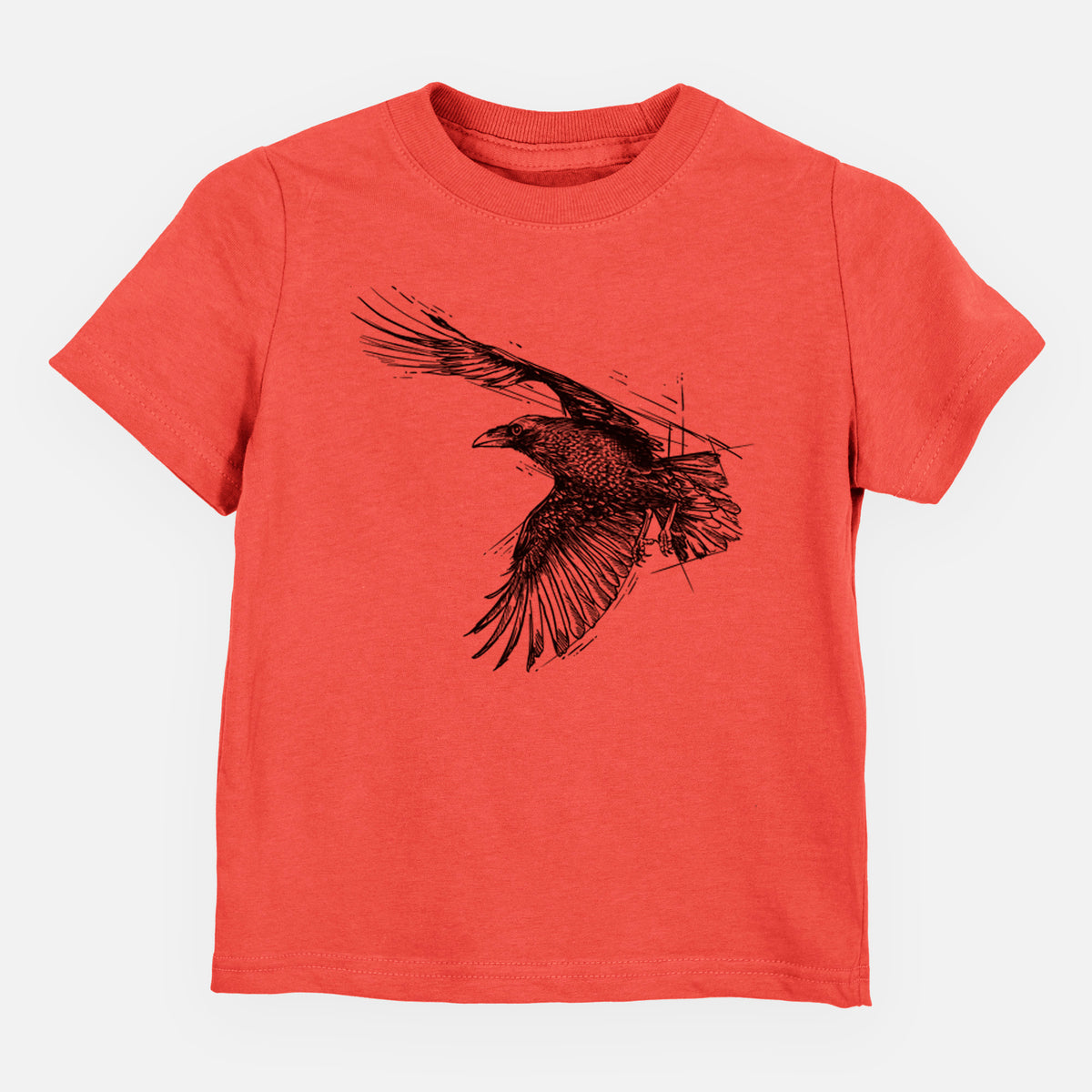 Passionfruit pink toddler t-shirt laid flat, printed with a black ink illustration of a raven in flight with its wings spread.