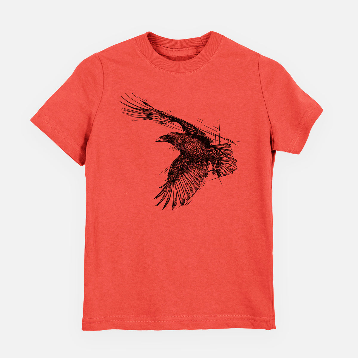 Passionfruit pink youth t-shirt laid flat, printed with a black ink illustration of a raven in flight with its wings spread.