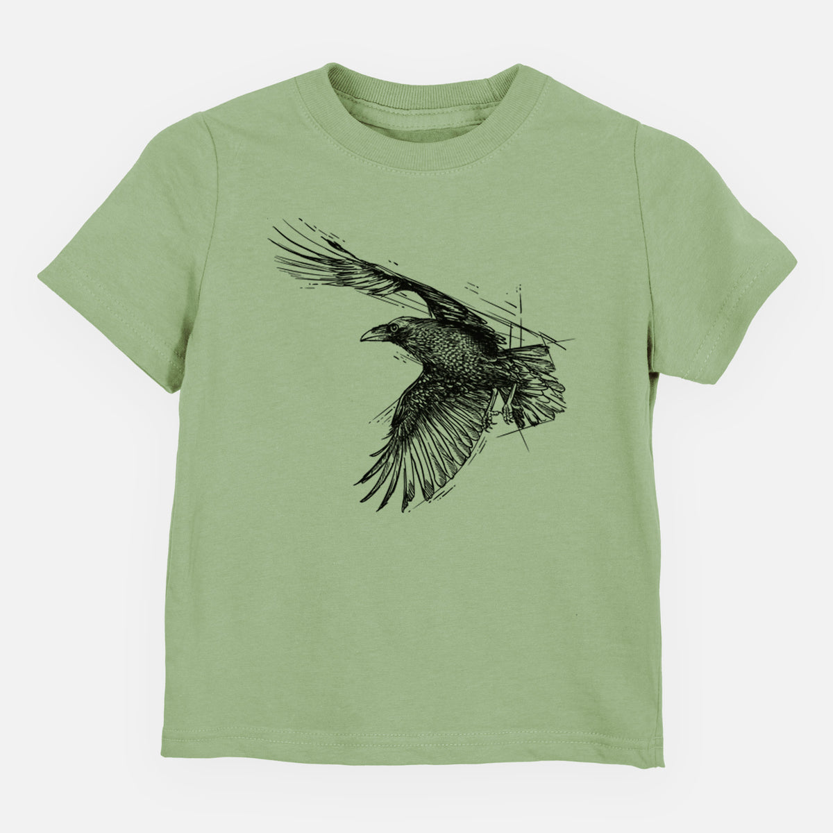 Sage green toddler t-shirt laid flat, printed with a black ink illustration of a raven in flight with its wings spread.