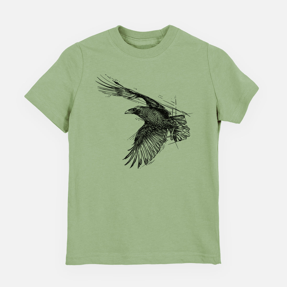 Sage green youth t-shirt laid flat, printed with a black ink illustration of a raven in flight with its wings spread.