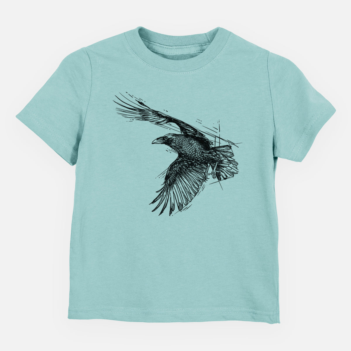 Saltwater toddler t-shirt laid flat, printed with a black ink illustration of a raven in flight with its wings spread.